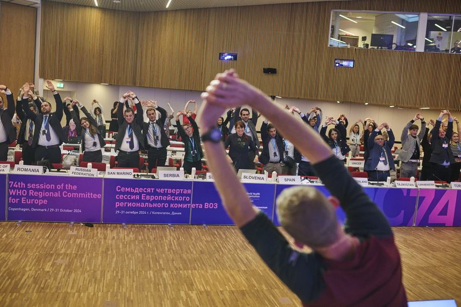 Framework for resilient and sustainable health systems The Regional Committee adopted a framework for resilient and sustainable health systems, informed by WHO/Europe’s health systems thinking and related activities during 2023, which culminated in the Tallinn Charter 15 th Anniversary High-level Conference held in Tallinn, Estonia, 12–13 December 2023 . A stretching session for a healthy break with representatives of the International Sport and Culture Association.