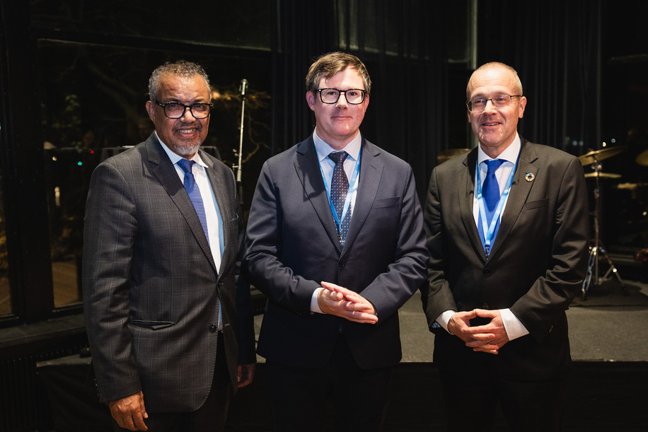 Opening reception of the 74 th session of the Regional Committee, hosted by the Ministry of Interior and Health of Denmark, held at the Royal Danish Opera House in Copenhagen, Denmark. Pictured here: WHO Director-General Dr Tedros Adhanom; Dr Jonas Egebart, Director General, Danish Health Authority Ghebreyesus; Regional Director Hans Kluge   Title of WHO staff and officials reflects their respective position at the time the photo was taken.