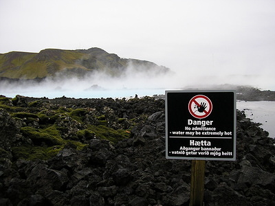 Danger sign in front of a thermal pool outside Reykjavik.