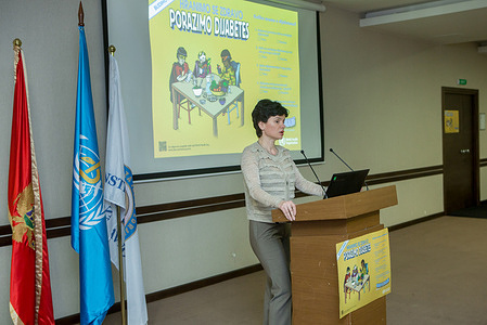 The WHO Country Office in Montenegro, in cooperation with the Institute of Public Health and the Ministry of Health, held a joint event to mark World Health Day, 6 April 2016. Ms Mina Brajovic, Head of the WHO Country Office, speaking at the event which focused on diabetes. Title of WHO staff and officials reflects their respective position at the time the photo was taken.