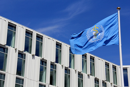 WHO flag flying outside UN city building in Copenhagen.