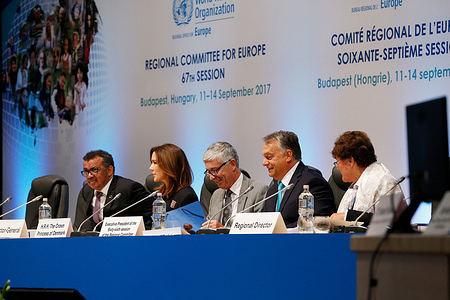 Dr Tedros Adhanom Ghebreyesus, WHO Director-General, Her Royal Highness Crown Princess Mary of Denmark, Mr Benoit Vallet, Outgoing Executive President of the 66th session of the WHO Regional Committee for Europe, Mr Viktor Orban, Prime Minister of Hungary, and Dr Zsuszanna Jakab, WHO Regional Director for Europe seated at the head table during the opening ceremony of the 67th session of the WHO Regional Committee for Europe.
-
Title of WHO staff and officials reflects their respective position at the time the photo was taken.