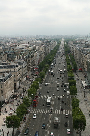 Overhead view of traffic on a busy street in Paris.