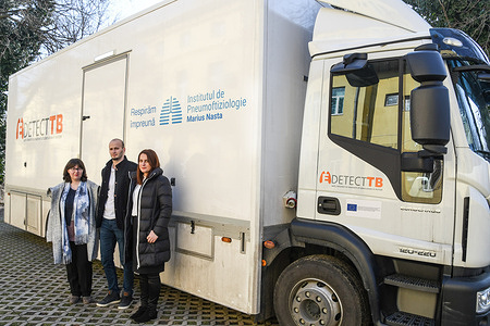 Staff working in the tuberculosis lorry in Bucharest, a vehicle serving as a mobile clinic to test people for TB.