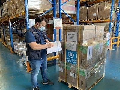 On 1 March 2022, health supplies bound for Ukraine are prepared for shipment at WHO's logistics hub in Dubai. This first shipment includes 36 metric tons of supplies for trauma care and emergency surgeries, to meet the needs of 1000 patients requiring surgical care, and other health supplies to meet the needs of 150 000 people.