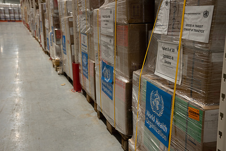 On 7 March 2022, WHO health supplies are stocked in the warehouse outside Lviv, Ukraine, in preparation for onward distribution across the country. The 36 tonnes of supplies - including medical and surgical supplies, essential medicines and generators - arrived from WHO’s logistics hub in Dubai, via Poland. More supplies will be delivered in the coming days.