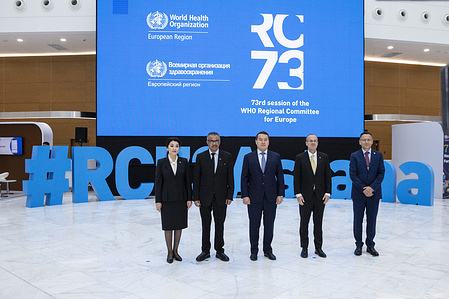 Alikhan Smailov, Prime Minister of the Republic of Kazakhstan, and Azhar Giniyat, Health Minister of Kazakhstan, are joined by Dr. Hans Kluge, WHO Regional Director for Europe, and Dr. Tedros, WHO Director General, as they arrive for the opening of RC73 in Astana, Kazakhstan.