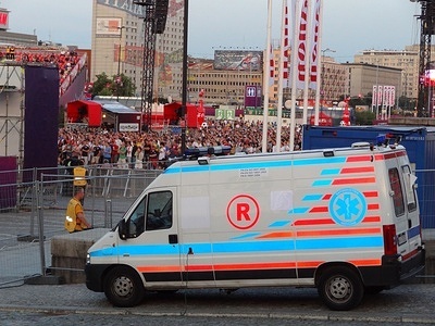 An ambulance parked outside a stadium during the 2012 Olympics in London.